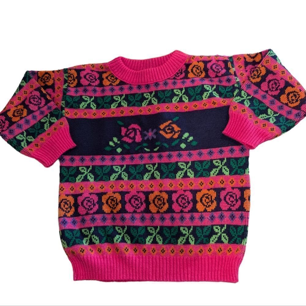 Girls Vintage hot‎ pink floral print knit sweater